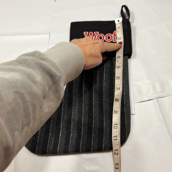 WOOF embroidery Puppy Dog PET black gray striped wool Holiday Christmas stocking - Picture 5 of 10